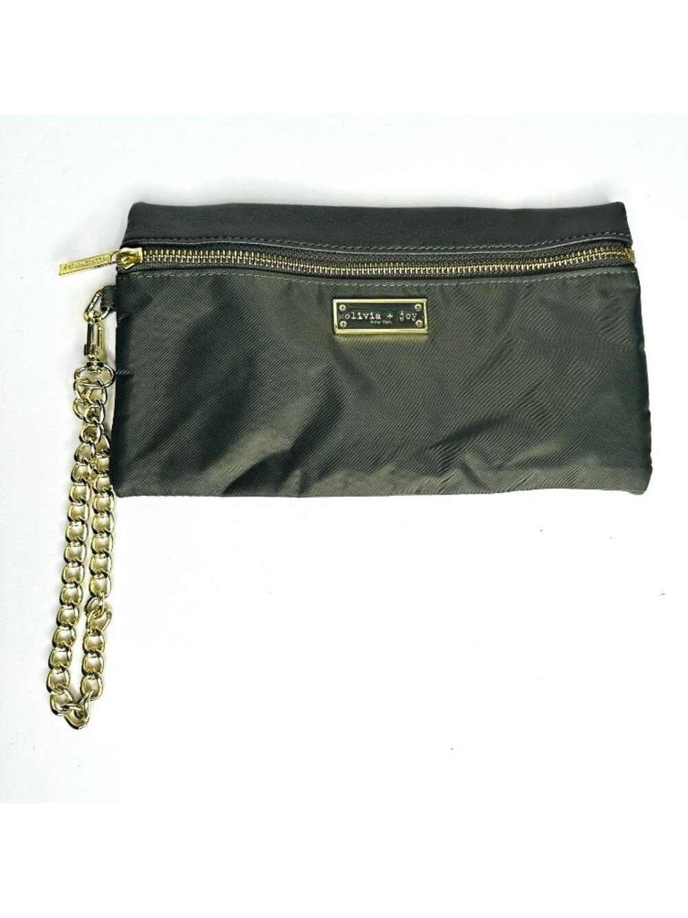 Olivia + Joy Wristlet Clutch Purse Olive Green Nylon & Dark Gray Faux Leather